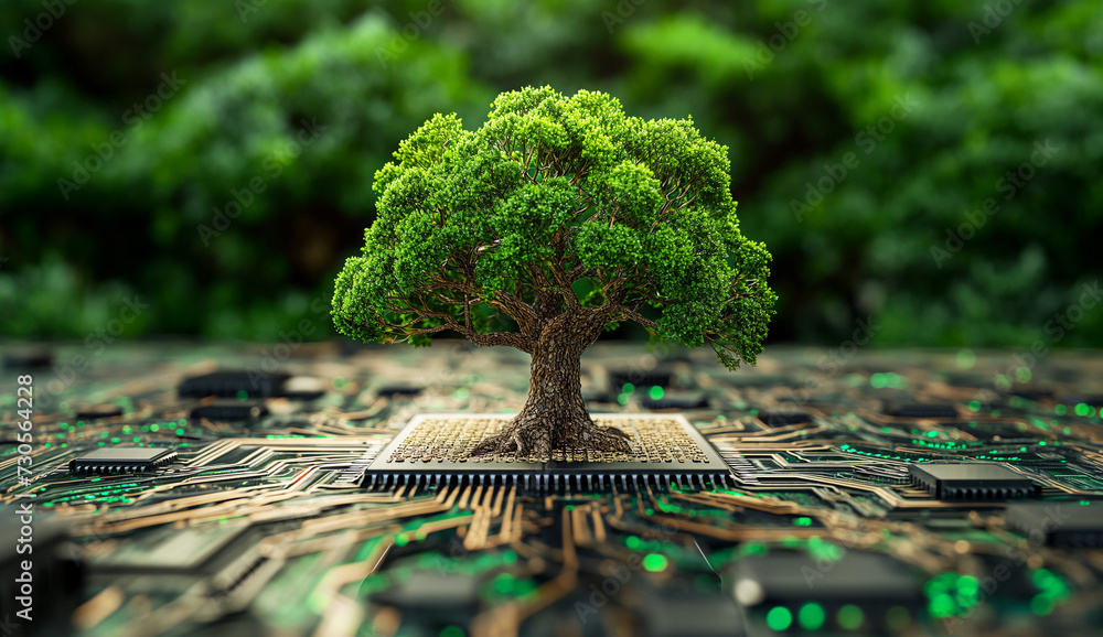 Poster large, lush tree stands on a cpu socket in the middle of a detailed circuit board, illustrating a na