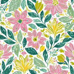 seamless pattern, product design, floral, pink, yellow, green, white, splattered paint