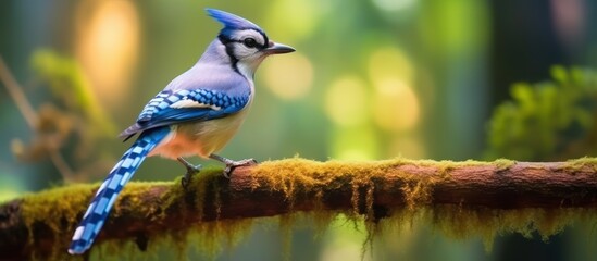 Blue Jay bird perched on a tree in the forest