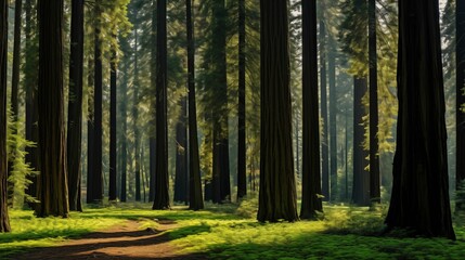 Obraz premium Image of a dense forest filled with tall trees.