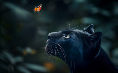 A black panther in still wonder stares at a bright butterfly a rare moment of connection between two vastly different creatures of nature