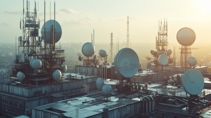 An intriguing aerial view of the factorys rooftop showcasing numerous 5G antennas and satellite dishes used for seamless communication and realtime data tracking.