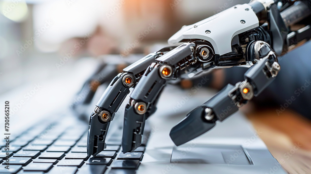 Poster robotic arm with black and white components and orange lights is typing on a computer keyboard, depi