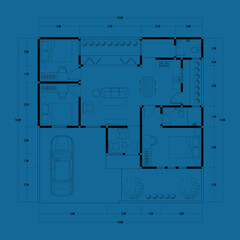 Architecture plan with furniture. home floor plan, isolated on blue background, stock illustration. vector eps 10.