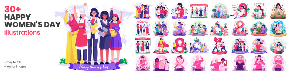 Huge Set Collection of International Women’s Day With Happy Multinational Diverse Women Celebrate Women's Day Set Illustration - obrazy, fototapety, plakaty