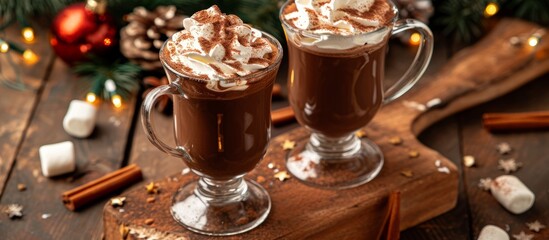 Obraz na płótnie Canvas Hot chocolate with whipped cream, marsmallow, and cocoa powder is a winter and autumn Christmas drink served in two glasses.