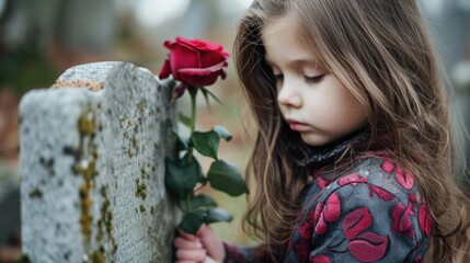 A young girl standing by a gravestone a single rose in her hand as she pays respect to a lost family member.