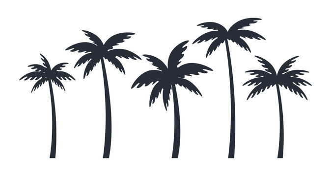 Vector silhouette illustration of tropical palm trees in varying sizes on a plain background