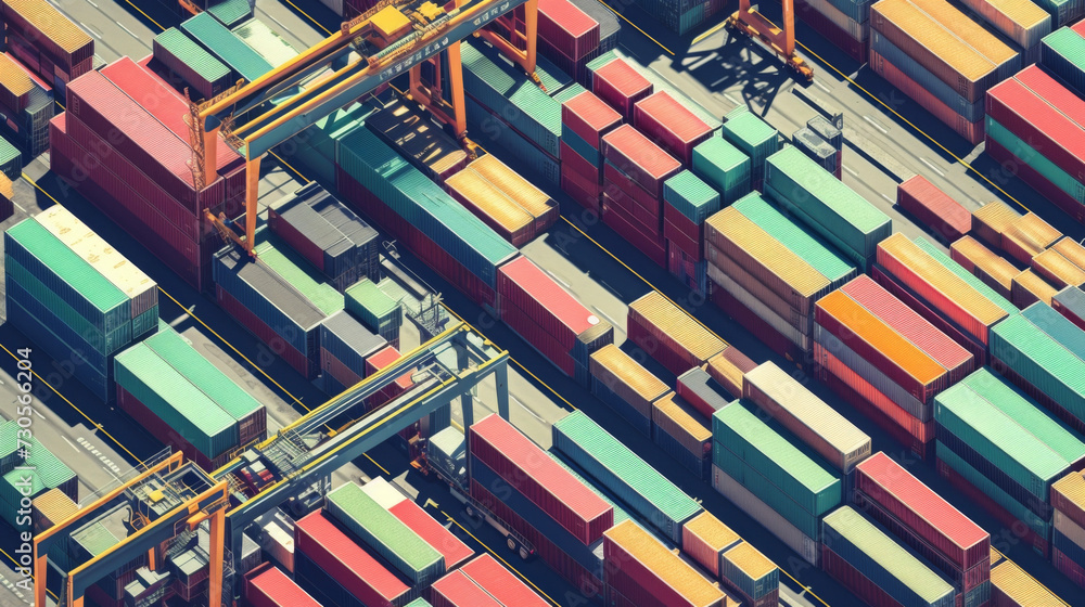 Poster an aerial view of a sprawling container terminal with rows upon rows of colorful containers demonstr