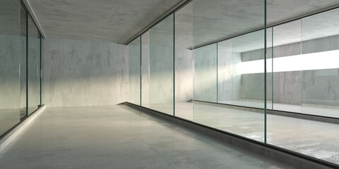 Abstract futuristic concrete and glass architecture. Minimalistic interior.
