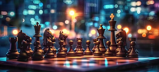 Strategically positioned chess pieces on board against backdrop of blurred city at night symbolizing intricacies of business competition and leadership captures essence of strategy - obrazy, fototapety, plakaty