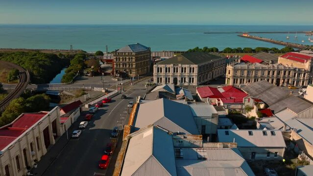 Aerial: Buildings in downtown Oamaru, Otago, New Zealand.