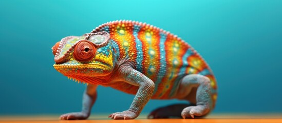 Obraz premium Rainbow colored chameleons blur blue background