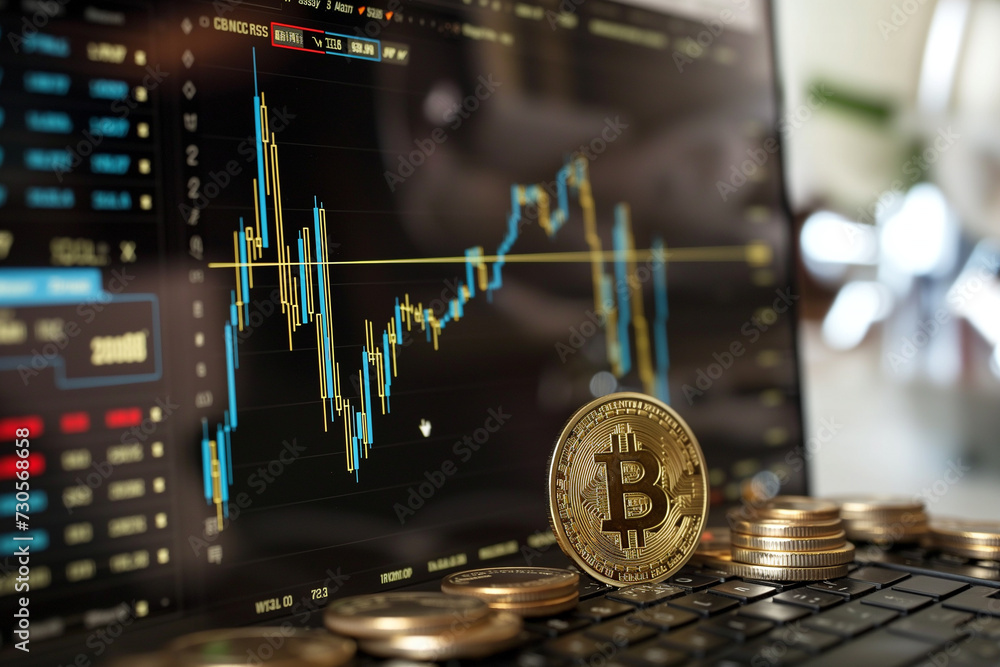 Poster a physical bitcoin coin on a laptop keyboard with a background of fluctuating financial market graph