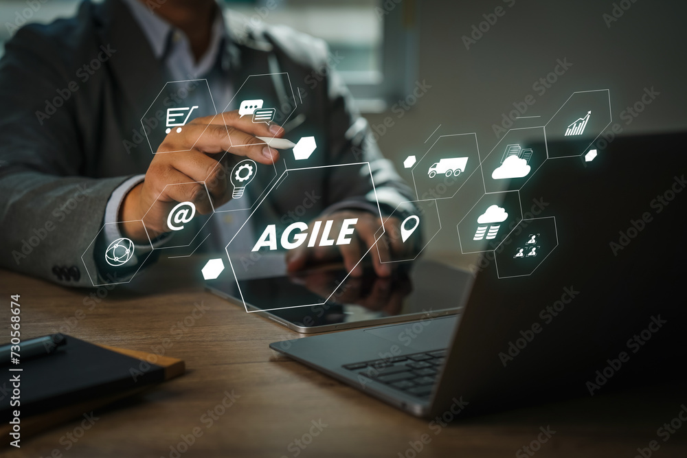 Poster a businessman using a laptop computer agile management and the principles of agile software developm