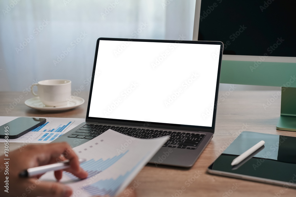 Poster man business analytics working businessman using a desktop computer of the blank screen