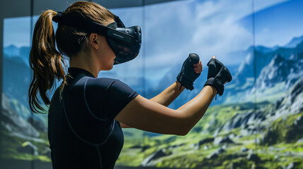 woman with a ponytail uses VR controllers and headset, interacting with a virtual mountain landscape displayed on screens around her