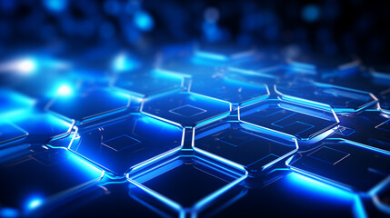 Obraz premium Abstract blue hexagonal technology background, featuring intricate patterns and futuristic elements, evoking a sense of innovation and advancement