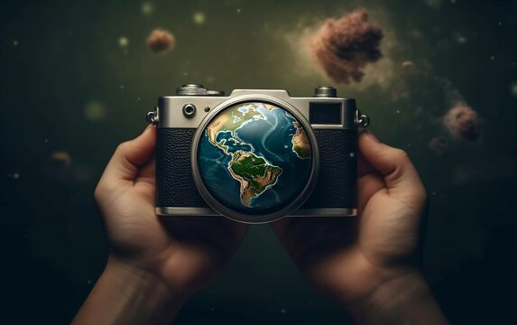 Person Holding Camera With Picture of Earth