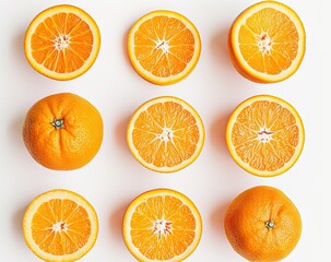 Vibrant and fresh oranges neatly arranged to create bright and healthy backdrop on white surface showcasing juicy appeal of nutritious fruit composition captures essence of summer