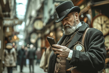 A dapper Victorian gentleman marvels at a smartphone amidst a bustling city.
