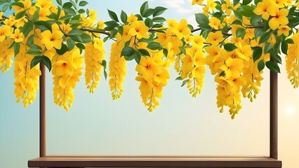 Cassia fistula or kanikonna flower background with empty space for text and wooden platform, kerala vishu festival background