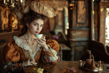 An elegant Renaissance lady sips coffee at a cafe, donned in period attire.