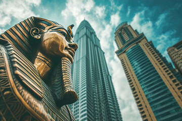 Egyptian pharaoh gazes at a skyscraper skyline, narrative of a time-traveler encountering the wonders of modern architecture. - obrazy, fototapety, plakaty