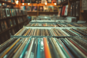 Vintage vibes in a vinyl record store, where music lovers explore classics.