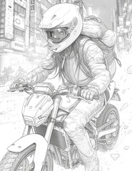 Fototapeta na wymiar cyberpunk girl on futuristic motorbike. anistress coloring page