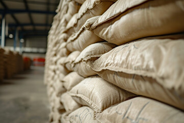 A close-up of stacked sacks of sugar in a warehouse, uniformity and packaging of the refined sugar product.