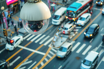 Intricate web of surveillance cameras at a city intersection, tracking capabilities for monitoring individuals and vehicles.