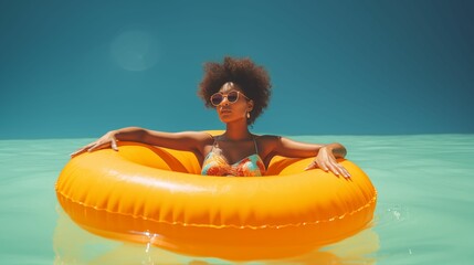 Obraz premium Image of a girl in a pool, inside an inflatable circle.