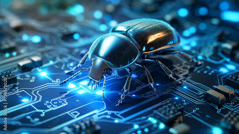 Poster a robotic beetle with glowing parts stands on a circuit board, its intricate design reflecting the c