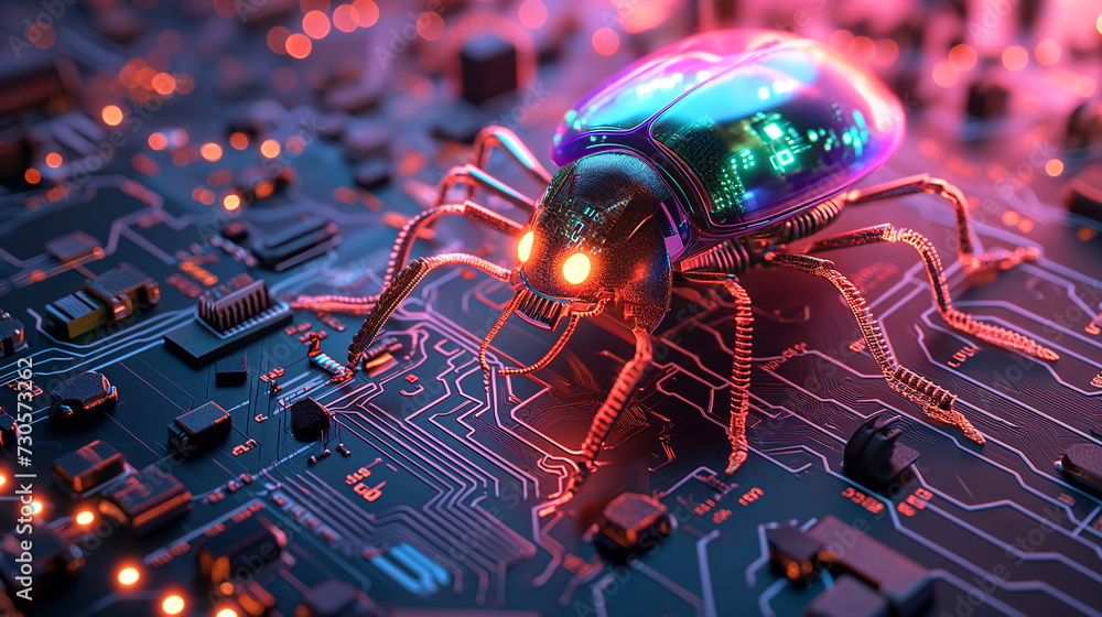 Poster a 3d-rendered beetle with illuminated circuits traverses a motherboard, a fusion of nature and advan
