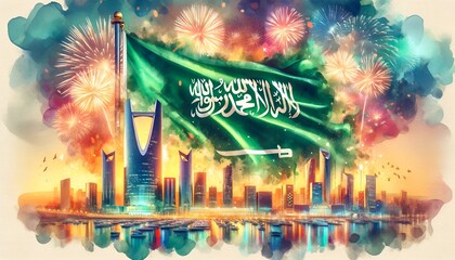 Watercolor painting style illustration tof big wavinig saudi arabia flag and skyline with fireworks.