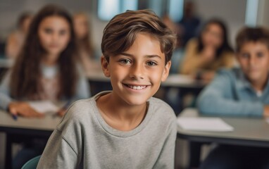 Smiling Young Boy in Front of Classroom of Students