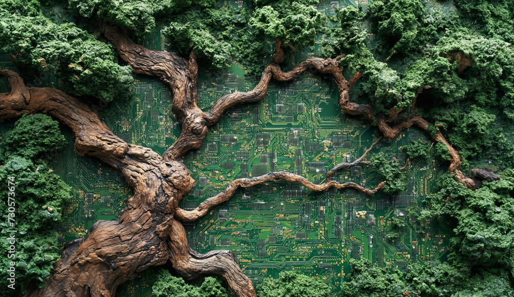 Poster tree root system blending into circuit board paths, metaphor for organic growth in technology