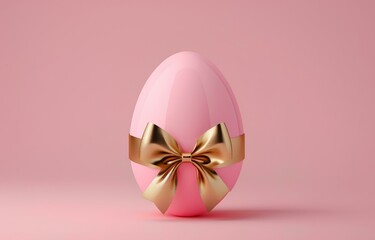 Easter egg with gold bow on pink background. 3d render - obrazy, fototapety, plakaty