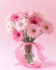 Beautiful bouquet of pink and white gerberas in glass vase with pink ribbon