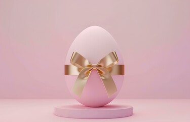 Easter egg with gold bow on pink background. 3d render