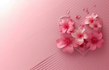 Valentines day background with pink cherry blossom flowers and heart. Vector illustration.