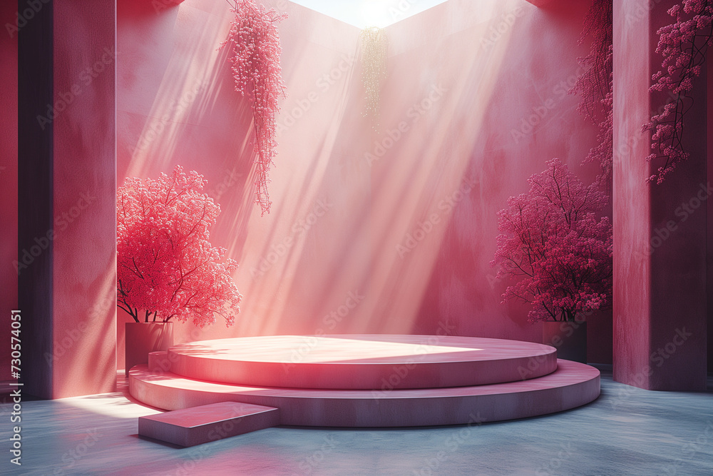 Poster 3d empty product display podium designed for presentations. light streams in, highlighting pink tree