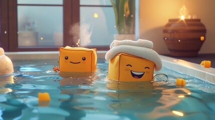 Cartoon scene showcasing tea bags enjoying a minisauna session in the hot tub spa with one holding a tiny towel over its head.