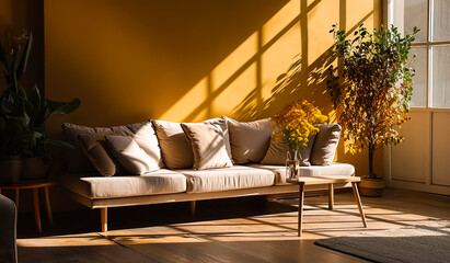 A sofa at living room with natural lighting morning.modern design.architecture concepts background ideas