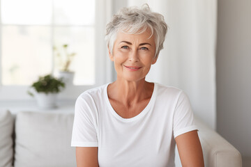 beautiful smiling senior woman portrait at home interior, looking at camera - 730574233