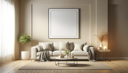 illustration of mock-up wall decor frame is hanging in cozy minimalism living room