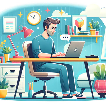 Cartoon figure representing a man working from home at a desk with a laptop