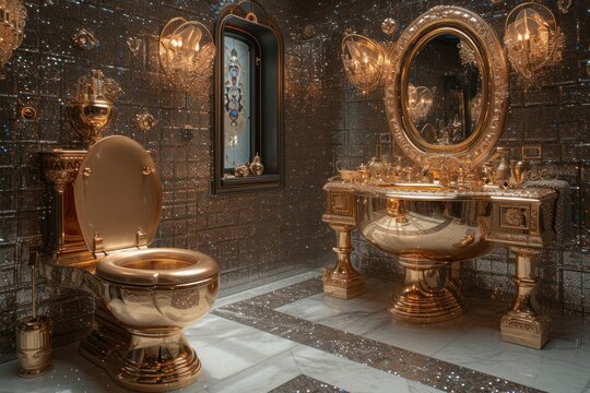 The gold-colored toilet glows in a room filled with glistening luxury decorations.