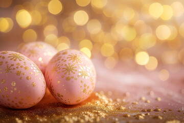 Easter eggs with pastel pink and gold design on glowing background